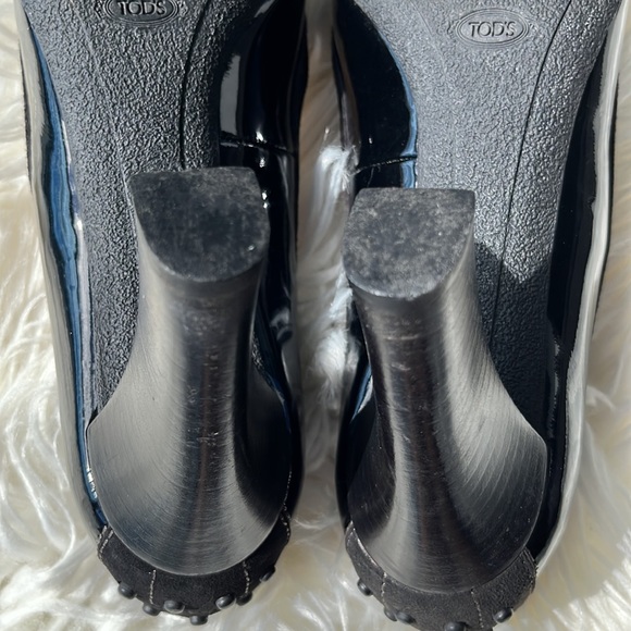 Tod’s Black Patent Leather/Suede Fringe Loafer Pumps Heels - Picture 14 of 16